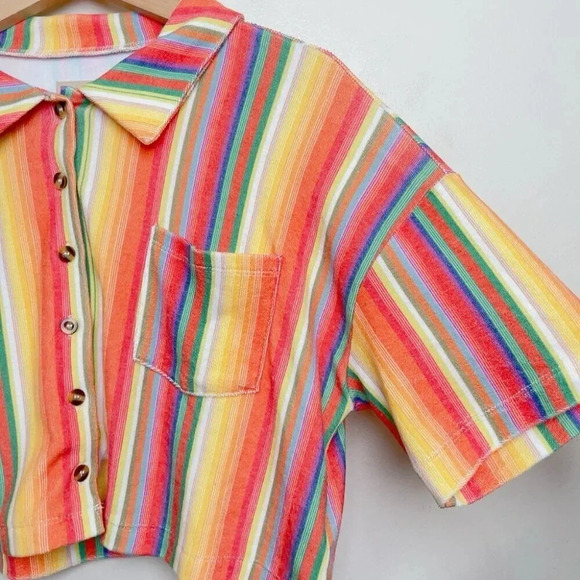 Chaser Womens Size Xsmall Rainbow Multistripe Cropped Terry Button Shirt - Picture 4 of 10